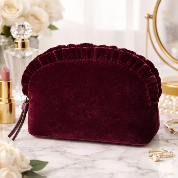 kate spade New York Velvet Ruffle Cosmetic Pouch in Burgundy - Picture 2 of 9
